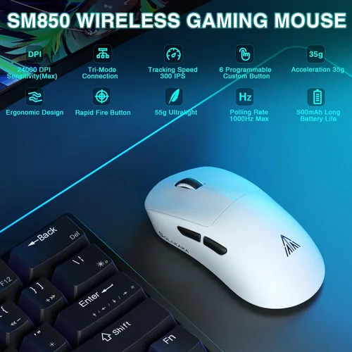 Vista 2 de SOLAKAKA SM850 - Ratón Inalámbrico para Juegos - Botones Programables, DPI Ajustable de 24000, Ratón Inalámbrico para Computadora Ligero