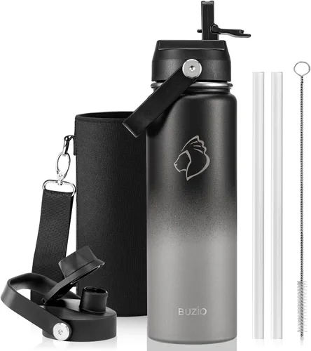 Vista 66 de BUZIO Botella de agua aislada de 24 oz, frasco de agua de boca ancha de acero inoxidable con tapa de pajita, frío durante 48 horas a prueba de Negro