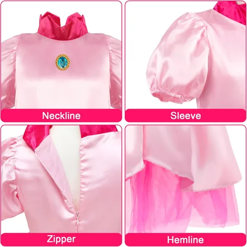 Vista 5 de Atchca Disfraz de princesa melocotón para niñas, vestido de princesa melocotón con accesorios