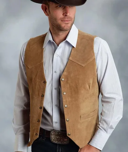 Vista 2 de Tuikayoo Chaleco de traje de cuero de ante para hombre, chaleco vintage vaquero occidental de ajuste regular
