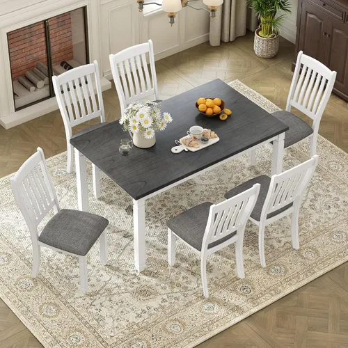 Vista 20 de Juego de mesa de comedor rústica de 6 piezas con mesa rectangular de caballete y 4 sillas tapizadas y banco, juego de mesa de comedor de cocina
