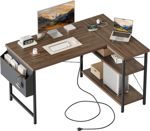Vista 27 de Mericonia Escritorio pequeño en forma de L para computadora con tomas de corriente, escritorio de juegos para espacios pequeños, escritorio