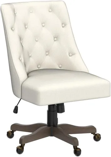 Vista 5 de Silla moderna de oficina en casa sin brazos, cómoda silla de escritorio tapizada con base de madera vintage, silla giratoria de altura ajustable