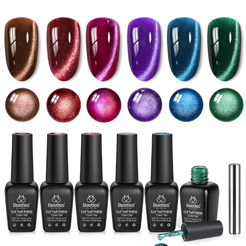 Vista 20 de Beetles - Juego de esmaltes de gel blanco y negro, 6 colores plateados, ojo de gato, purpurina brillante con imán, arte de uñas UV LED, hogar, salón