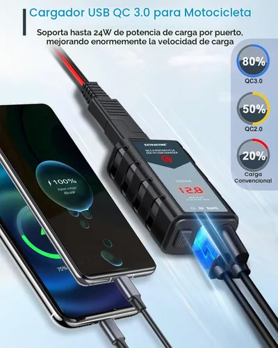 Vista 2 de EXTRACTME Cargador USB de motocicleta de 6.8 A, carga rápida 3.0 Dual USB Cargador de teléfono para motocicleta con voltímetro e interruptor