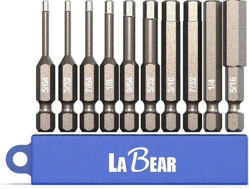 Vista 6 de LABEAR - Juego de puntas de destornillador Allen de cabeza hexagonal SAE de 10 piezas. Acero S2, puntas de 1" de largo para ensamblaje