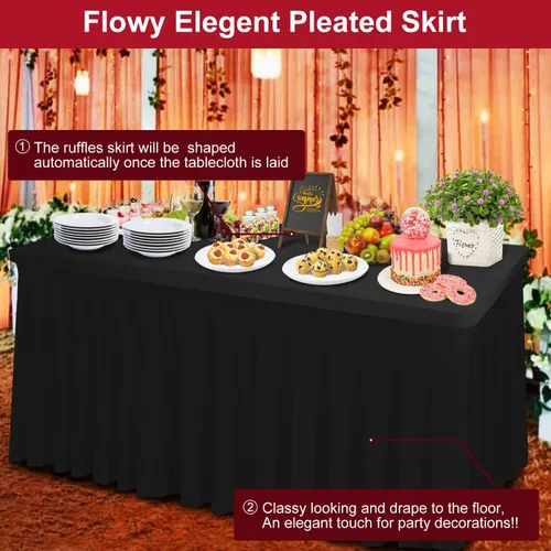 Vista 4 de Falda de mesa gruesa de elastano 2 en 1 y funda de 6 pies, mantel rectangular ajustable con falda plisada, mantel rectangular sin arrugas para Negro