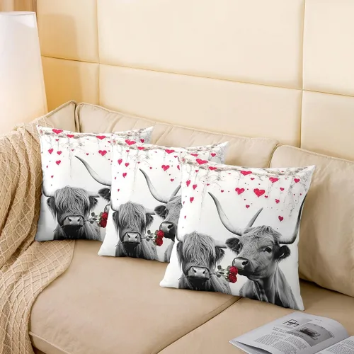 Vista 4 de Erosebridal Juego de 2 fundas de almohada románticas de 16 x 16 pulgadas con diseño de vaca para parejas, diseño de corazón rojo, árbol, granja, San