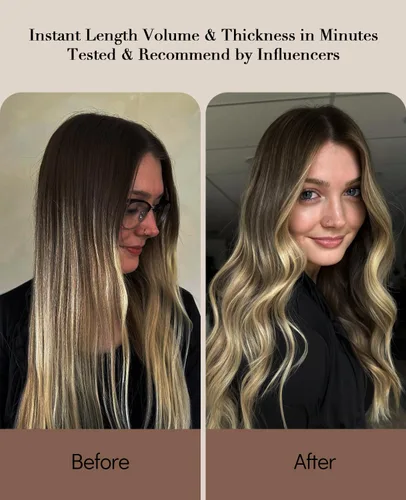 Vista 29 de VINBAO Extensiones de cabello humano con clip, balayage, color marrón ceniza a rubio caramelo, 14 pulgadas, 6 unidades, 3.53 onzas, 6