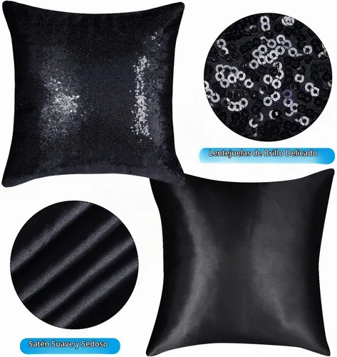 Vista 3 de Juego de 4 fundas de almohada decorativas con lentejuelas negras cuadradas para silla, sofá, cama, dormitorio, sala de estar, decoración para bodas