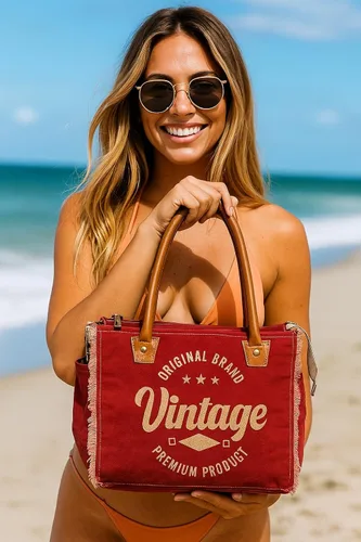 Vista 4 de Bolso de lona para mujer, bolso de hombro con asas de cuero, bolso de playa, bolso, viajes y uso diario (estampado vintage, rojo, 13 x 10 pulgadas)