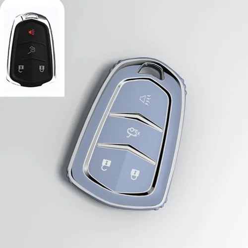 Vista 6 de ontto Protector de llave de automóvil compatible con Cadillac de 4 botones, carcasa de TPU suave con borde plateado para Escalade CTS SRX XT5 ATS