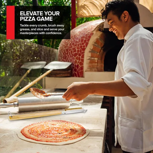 Vista 6 de Kit de accesorios esenciales para horno de pizza, incluye mango de madera extralargo, 2 cabezales de cepillo con cerdas de acero inoxidable