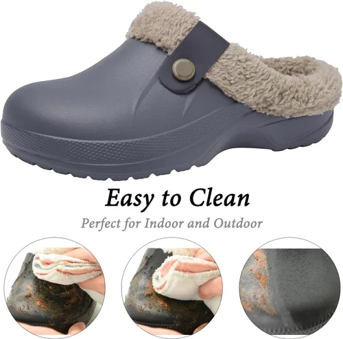 Vista 2 de ChayChax - Pantuflas impermeables para mujeres y hombres, con forro de piel, zapatos de jardín de invierno, pantuflas cálidas para interiores