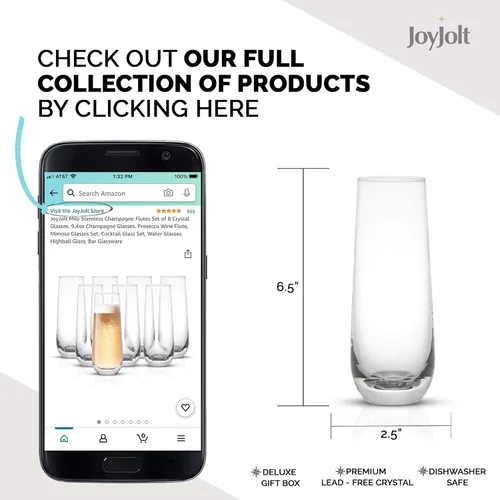 Vista 2 de JoyJolt Milo Copas de champán sin tallo, juego de 4 vasos de cristal. 9.4 onzas. Juego de copas de champán. Copas de vino prosecco, juego de copas