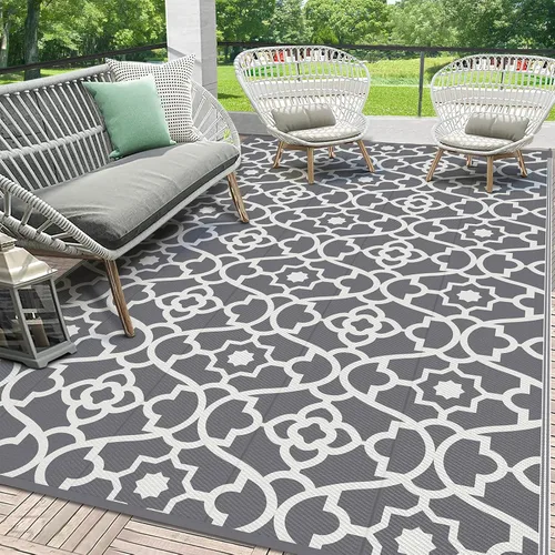 Vista 24 de HEBE Alfombra impermeable para exteriores de 5 x 8 pies para patios, alfombra de paja de plástico reversible floral, alfombra de patio, alfombra