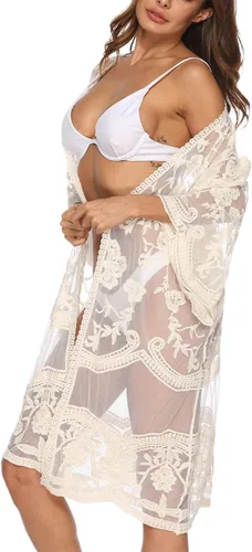 Vista 2 de Cárdigan de Encaje para Mujer de Crochet Floral Transparente Cobertor de Playa Kimono Largo Abierto