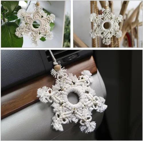 Vista 7 de Colgantes de macramé con forma de copo de nieve, cuerda de algodón, colgantes de espejo retrovisor para automóvil, hechos a mano, bohemios, tejidos