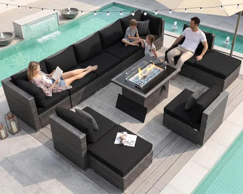 Vista 58 de NICESOUL Juego de muebles de patio de ratán extra grande con mesa para fogata de gas y propano, 29.3 pulgadas, respaldo alto, cómodos conversaciones
