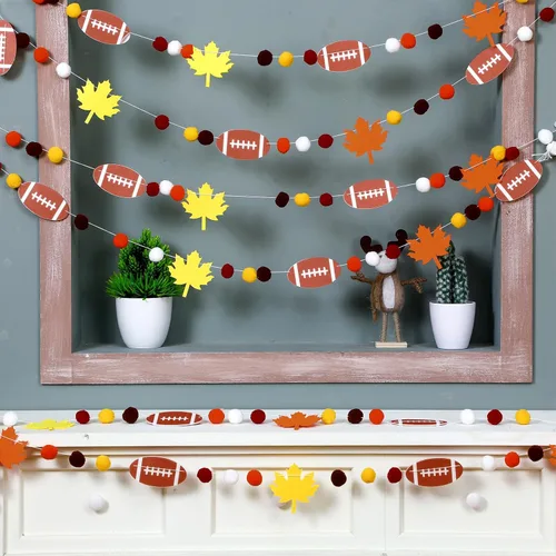 Vista 7 de Rtteri Guirnalda de fútbol de Acción de Gracias, guirnalda de pompones de bola de fieltro para decoración de fiesta de Acción de Gracias, decoración