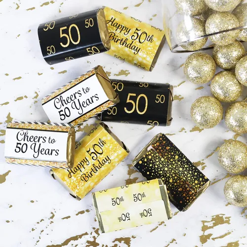 Vista 6 de Mini envoltorios de barra de caramelo para fiesta de cumpleaños número 50, color negro y dorado, 45 calcomanías 2.5" x 1.25" Stickers, Fits