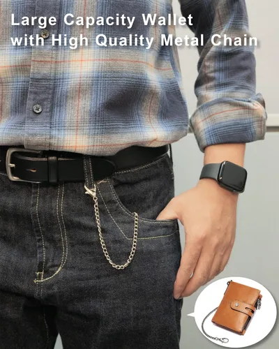 Vista 2 de Billetera con cadena para hombre, de piel auténtica, con bloqueo RFID, monedero de doble cremallera con bolsillo para monedas, Marrón, Cartera