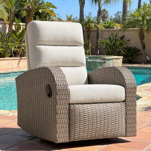 Vista 32 de LayinSun Sillón reclinable giratorio de mimbre de gran tamaño con respaldo ajustable y reposapiés, sillón reclinable para patio Gris