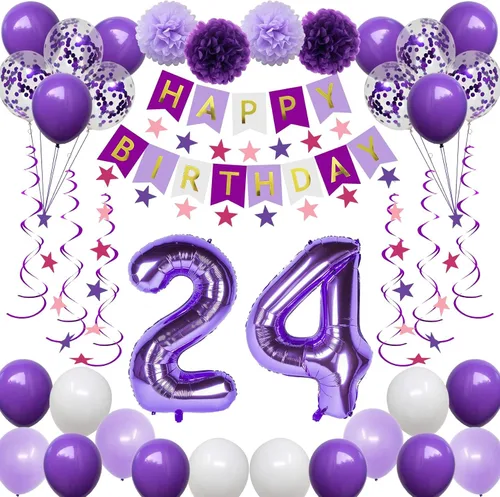 Vista 9 de Decoraciones de cumpleaños número 10 para niñas, globos morados de feliz cumpleaños, pancarta, globos de números, serpentinas de estrellas
