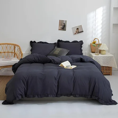 Vista 2 de INDACORIFY Juego de funda de edredón de algodón con volantes, color azul oscuro, funda de edredón con volantes, tamaño King, juego de ropa de cama