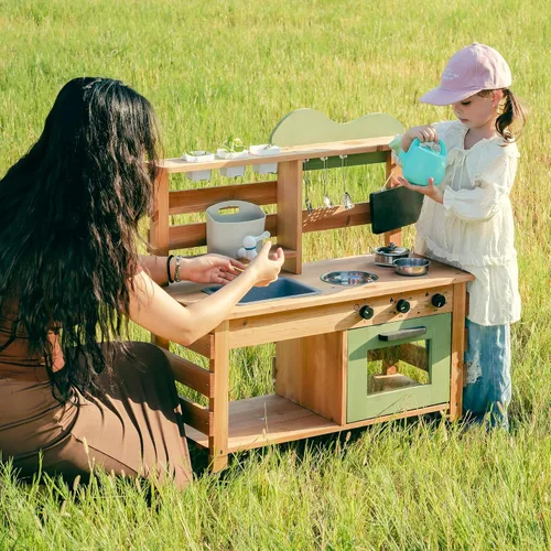 Vista 8 de ROBUD Cocina de barro para niños al aire libre, cocina de barro de madera para niños con fregadero extraíble, taza de plantación, horno, pizarra