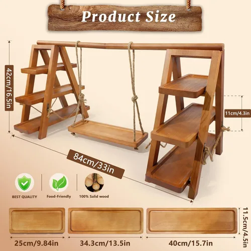 Vista 2 de Tnstbiee Soporte de Cupcake Rústico de 3 Niveles - Soporte de Madera para Pasteles, Postres y Frutas - Bandejas Desmontables y Diseño Plegable