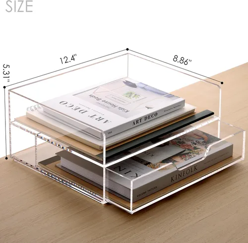 Vista 2 de SANRUI Organizador de Bandeja de Cartas de 2 Niveles con Cajón Deslizante, Organizador de Escritorio Apilable, Bandeja de Papel de Acrílico
