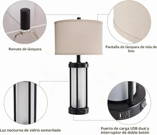 Vista 5 de Lámparas de mesa modernas para sala de estar, lámparas industriales de mesita con 2 puertos USB, lámpara rústica de mesita con luz nocturna de 1