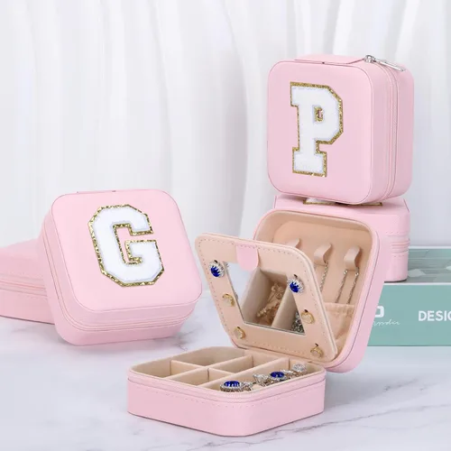 Vista 7 de Joyero pequeño organizador de viaje con espejo, regalos de moda para mujeres y adolescentes, estuche de viaje portátil de doble capa, cajas