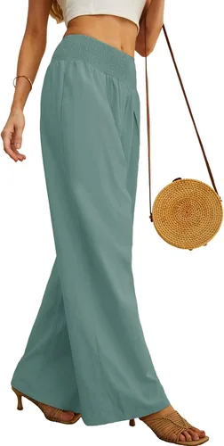 Vista 5 de PrinStory Pantalones palazzo de lino y algodón para mujer, de cintura alta, pierna ancha, pantalones largos con bolsillo
