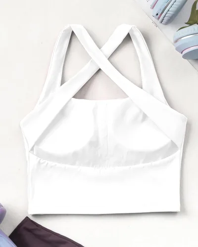 Vista 7 de AngiMelo Brasier deportivo de línea larga para mujer, cuello cuadrado, para entrenamiento, con tirantes, brasier integrado para yoga y adolescentes