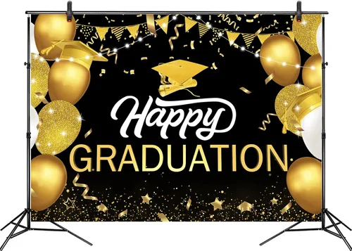 Vista 3 de Telón de fondo de graduación de 5 x 3 pies para sesión de fotos, globos negros y dorados de la clase de 2024, felicitaciones, fiesta de graduación