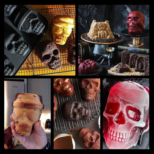 Vista 4 de Molde de silicona para pastel de calavera de Halloween, molde de silicona 3D de calavera pirata de 6 cavidades, adecuado para pan, pastel de mousse
