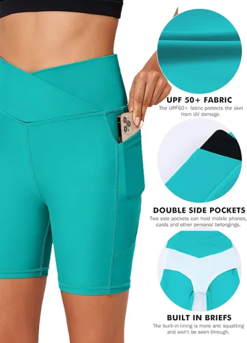 Vista 5 de Aleumdr Pantalones cortos de natación de 5 pulgadas para mujer, cintura alta, control de abdomen, pantalones cortos de natación con bolsillos UPF 50+