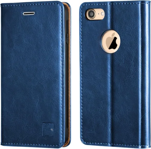 Vista 45 de Belemay Funda tipo cartera compatible con iPhone 8 Plus, de piel de vaca auténtica, funda tipo folio (funda interior de TPU suave), ranuras