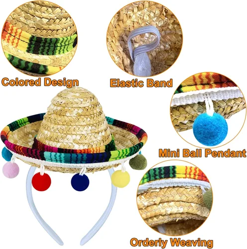 Vista 5 de Paquete de 3 sombreros de fiesta mexicanos diadema de tela sombrero de paja sombrero de fiesta accesorios para disfraz de fiesta mexicana