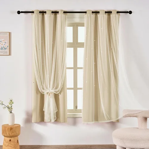 Vista 22 de indistar Cortinas opacas con recortes de estrellas para dormitorio de niña, cortinas de oscurecimiento para habitación de bebé, cortinas