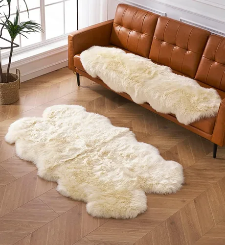 Vista 78 de HUAHOO Alfombra de piel de oveja genuina prémium Negra Real de Australia Piel de oveja natural de lujo, alfombra esponjosa de lana de cordero