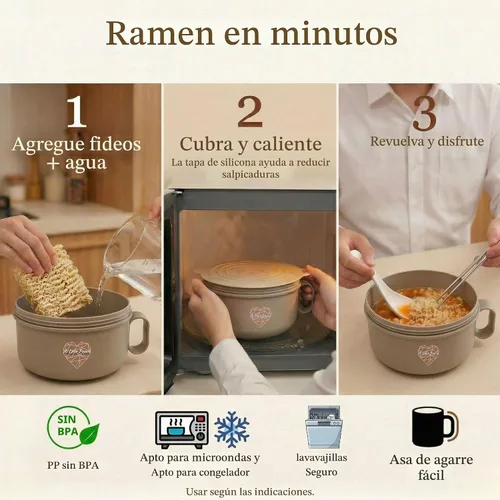 Vista 7 de Tazón de ramen para microondas de 40 onzas, olla de ramen con tapa, regalo Beige