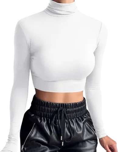 Vista 2 de LCNBA Camiseta corta de manga larga para mujer, cuello alto, sexy, básica, recortada