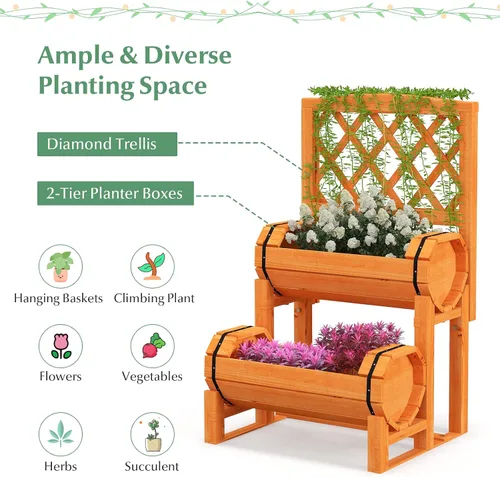 Vista 5 de S AFSTAR Cama de jardín elevada de 2 niveles con enrejado, maceta de madera con enrejado de diamante, maceta elevada para plantas trepadoras de vid