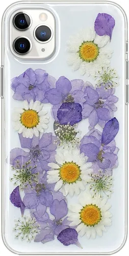 Vista 8 de Abbery Diseñada para iPhone 11 Pro Max, bonita funda transparente con diseño floral, silicona TPU, transparente, seca, flor morada real, moderna