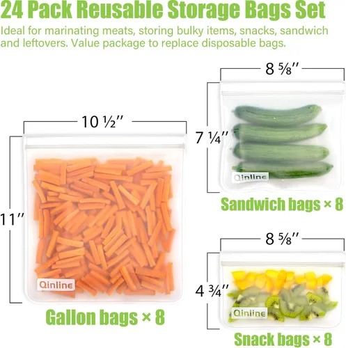 Vista 3 de Qinline Bolsas reutilizables para guardar alimentos - paquete de 24 bolsas aptas para lavavajillas, bolsas reutilizables libres de BPA