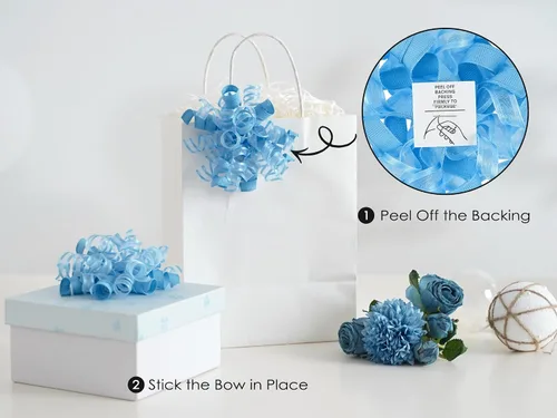 Vista 3 de HUIHUANG Lazos azules para envolver regalos, lazos de regalo azul bebé, 5 pulgadas x 8 unidades, lazo rizado autoadhesivo para regalos, bolsa