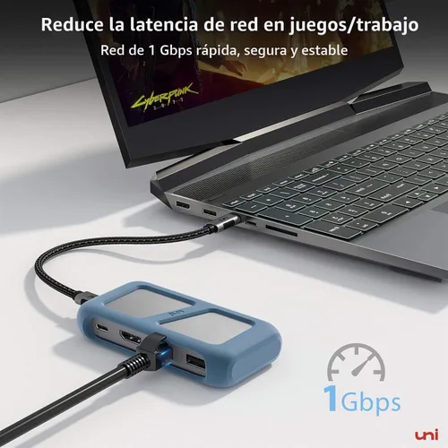 Vista 3 de uni Adaptador multipuerto USB C Hub con cable desmontable, concentrador USB C 8 en 1 con HDMI 4K, Ethernet de 1 Gbps, lector de tarjetas SD, 100 W